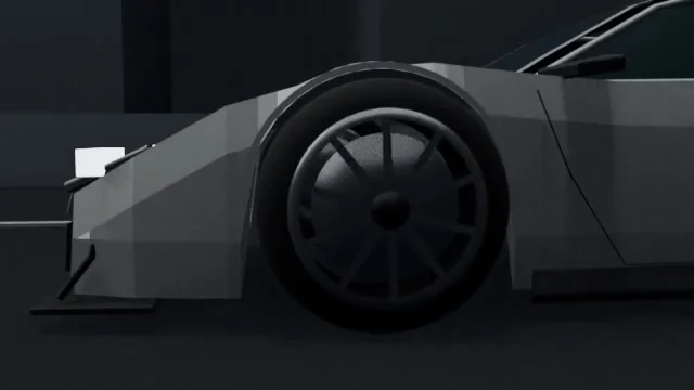 Close-up on the Ghost Circuit sports car wheel and angular body design in the animatic