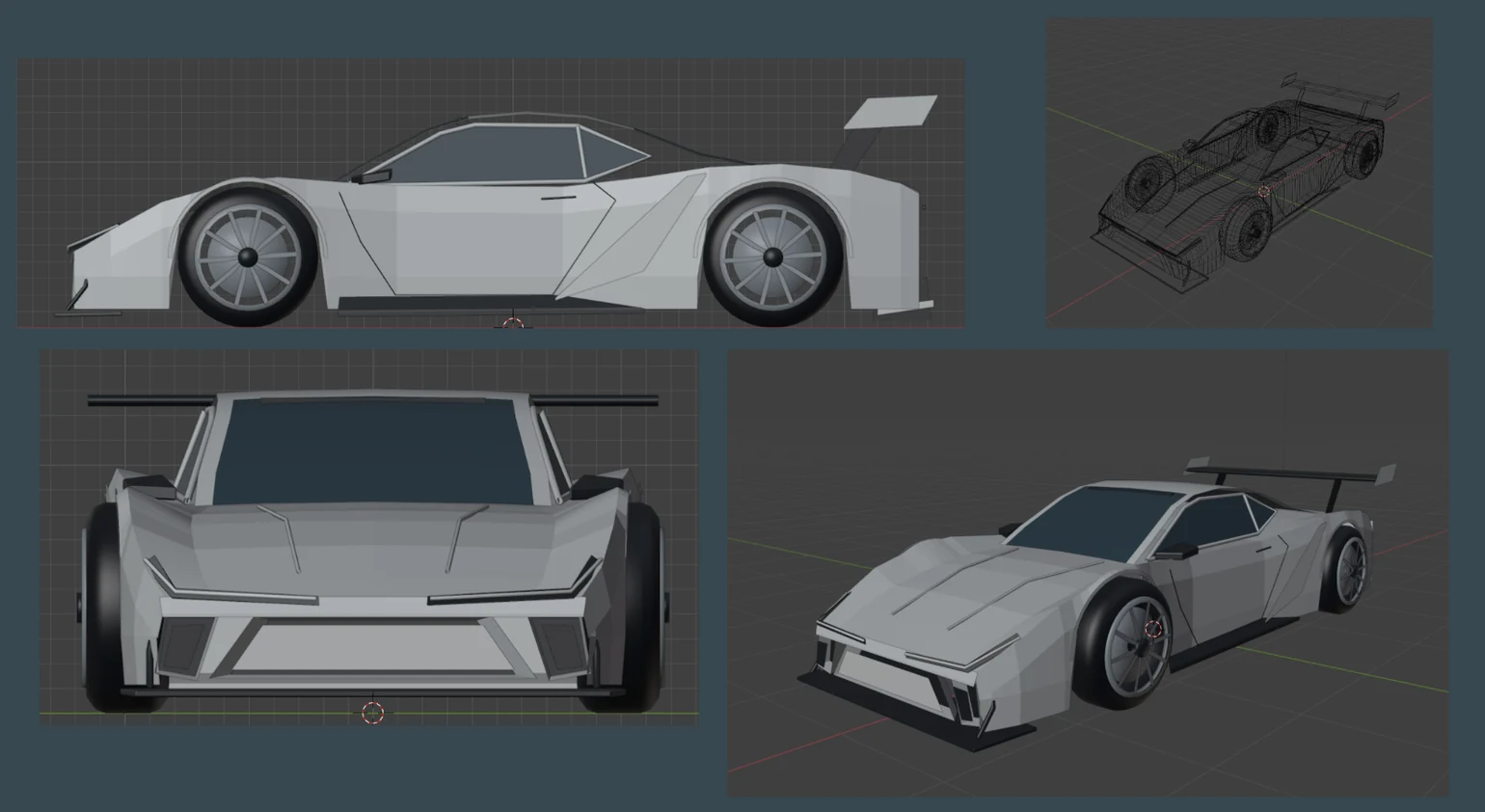 Ghost Circuit low-poly vehicle model showing multiple angles of a white aerodynamic racing car