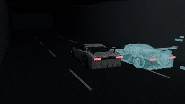 Holographic translucent blue car near a physical vehicle in a dark city