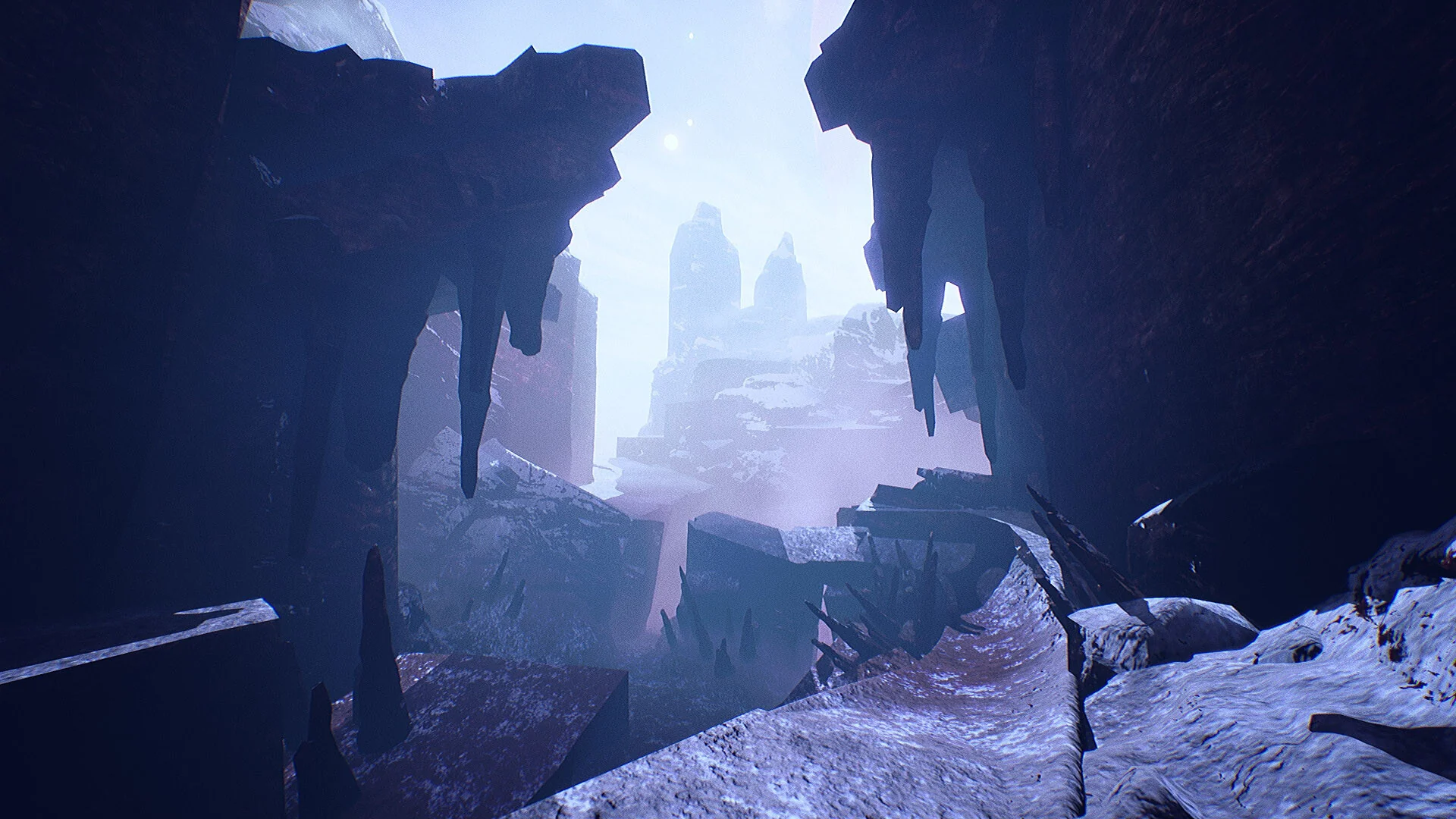 Blue-toned icy cavern with dark rock silhouettes framing a brightly lit frozen opening