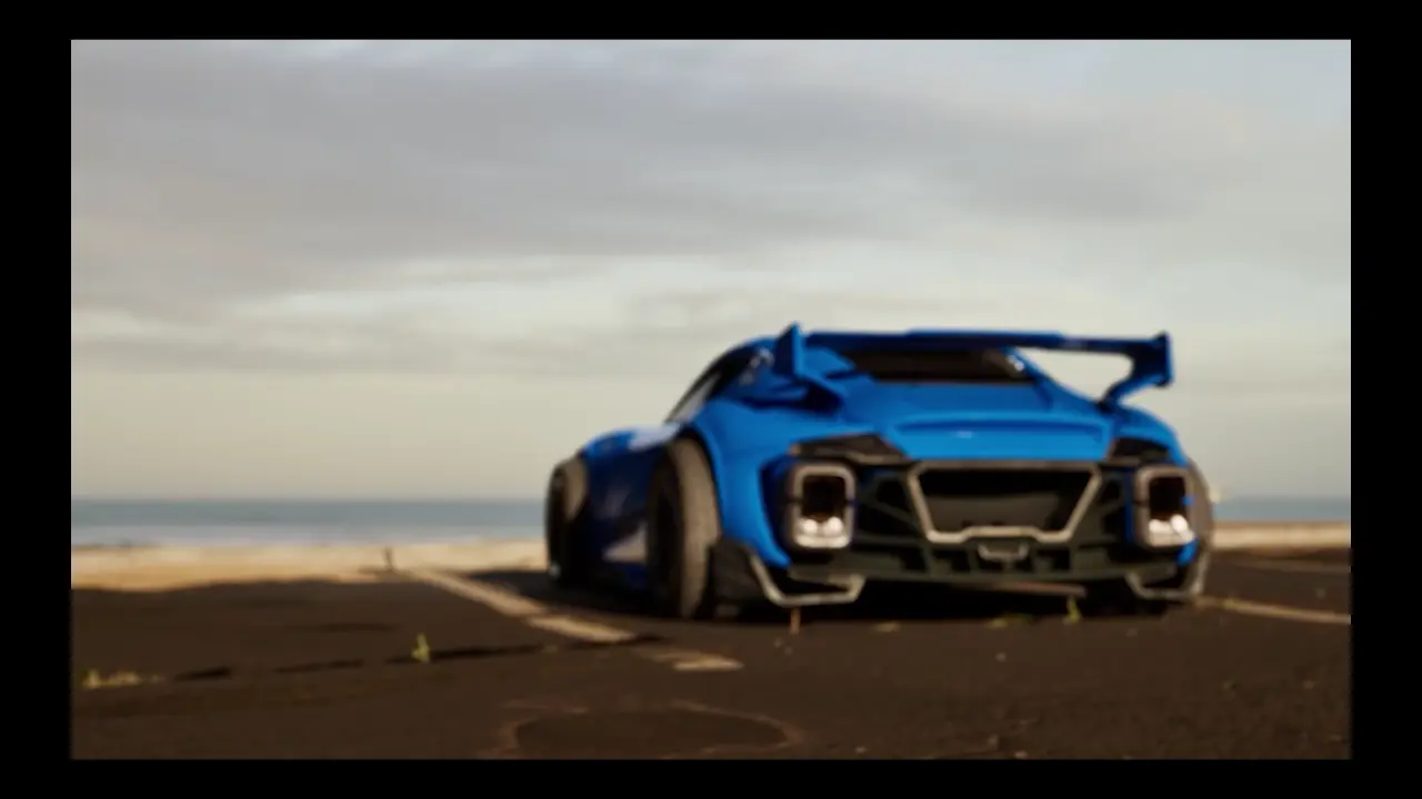 Rear three-quarter shot of a blue sports car in the Open Roads Unreal Engine racing demo