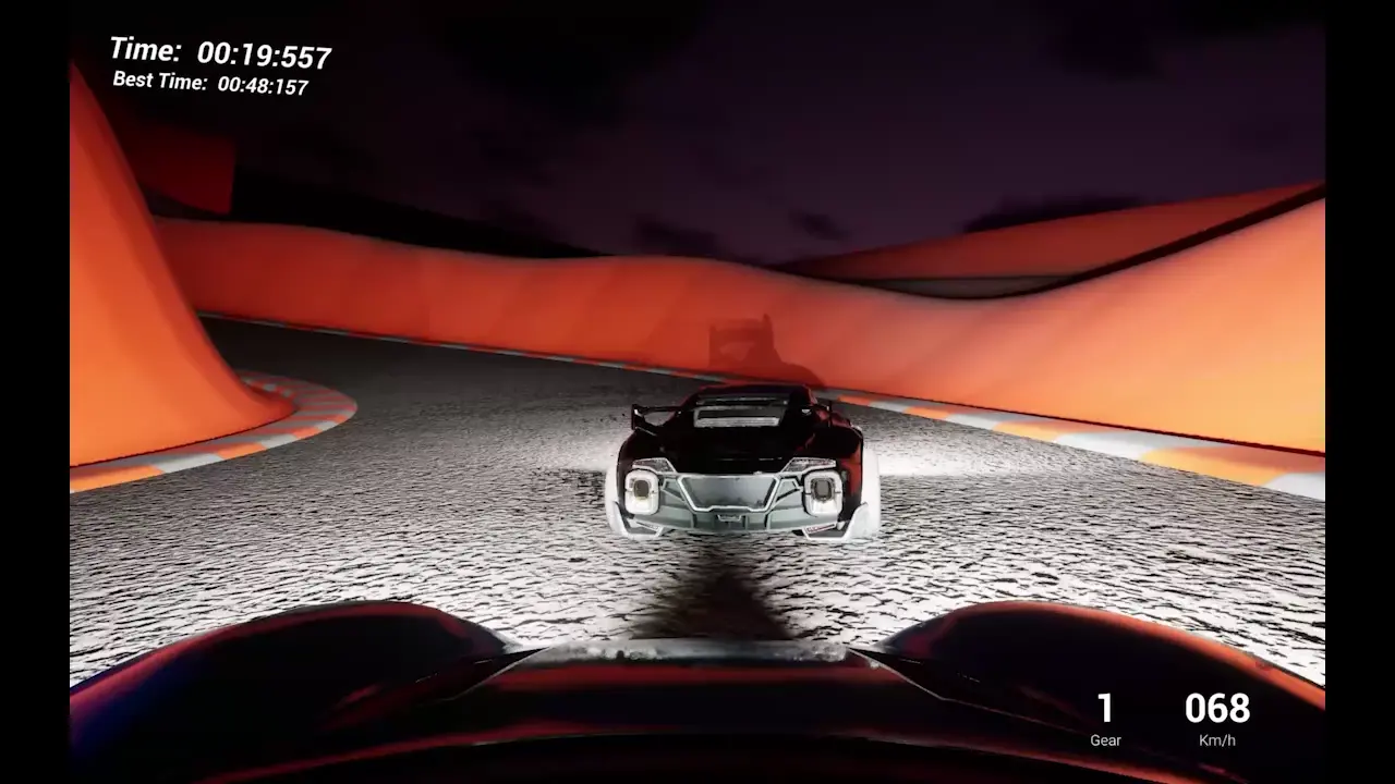Driving sequence through a red-lit tunnel in Open Roads