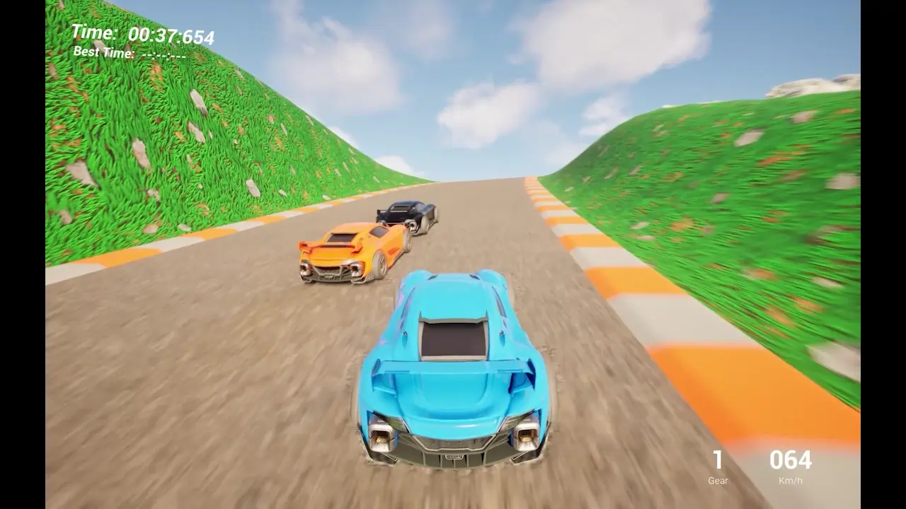 Third-person blue sports car racing against other vehicles on an asphalt circuit