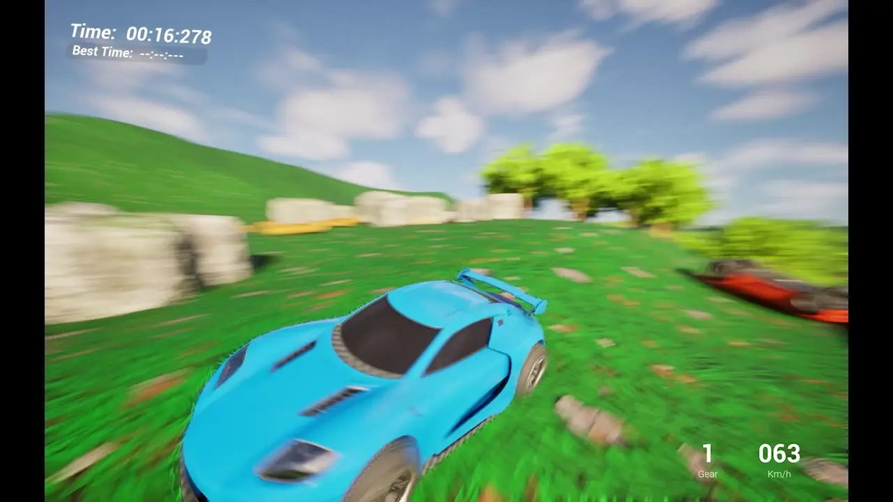 Open Roads blue supercar driving across bright green hilly terrain
