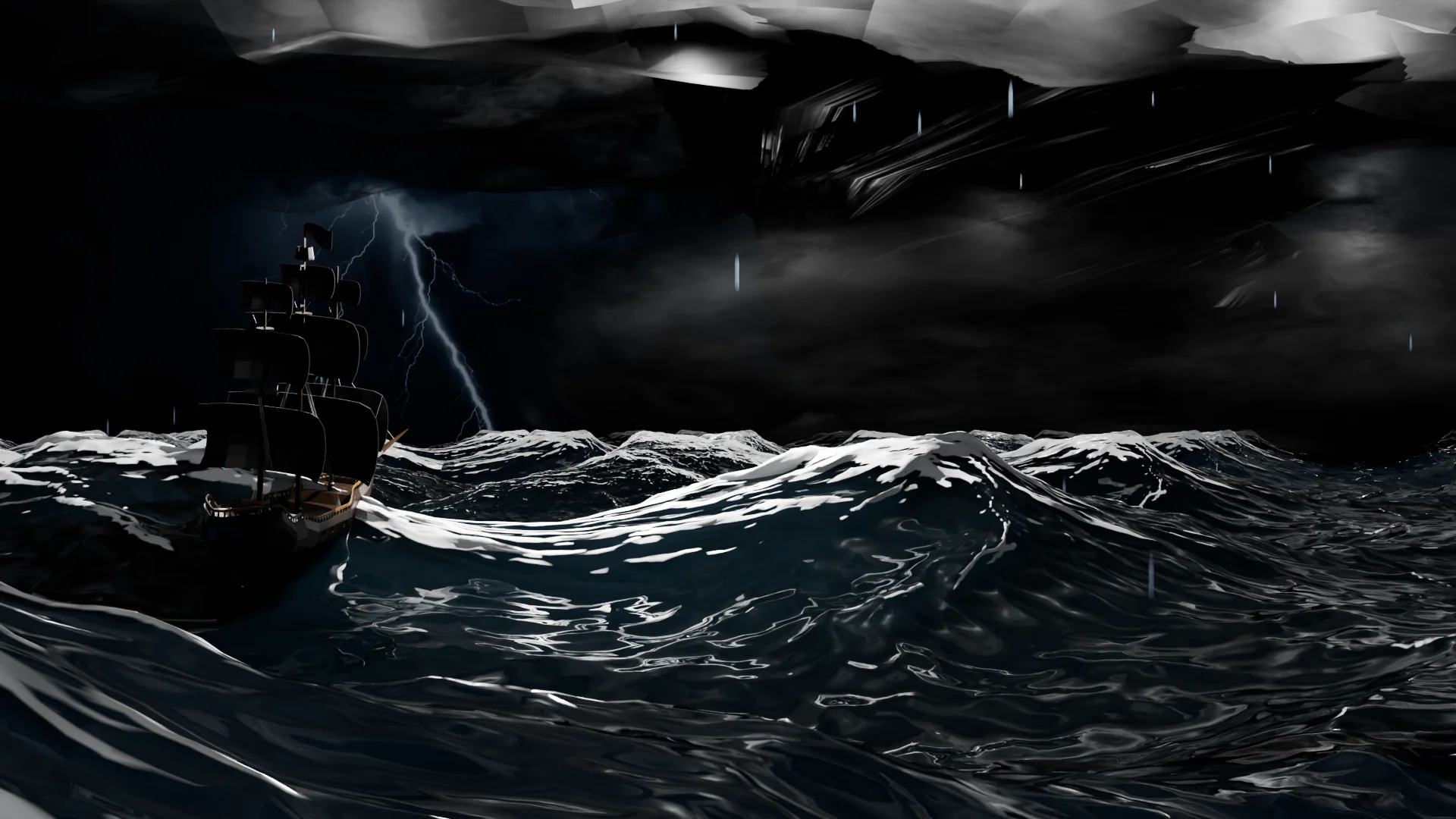 Small ship battling dark ocean waves under thick clouds and lightning